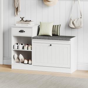 Shoe Storage Bench, Modern Wooden Shoe Cabinet with Flip Drawer and Adjustable Shelf, Entry Way Bench with Padded Seat Cushion for Entryway, Hallway, Living Room,Off-White