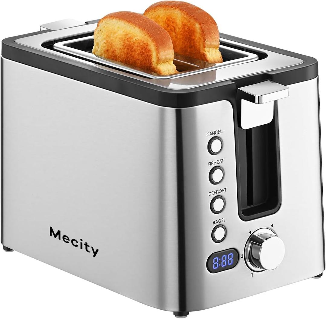 Mecity Toaster 2 Slice Stainless Steel Body, Timer, Bagel, Defrost, Reheat, Cancel Functions, Warming Rack, Removable Tray, 6 Browning Settings, Extra Wide Slots, Bread Toaster 800W