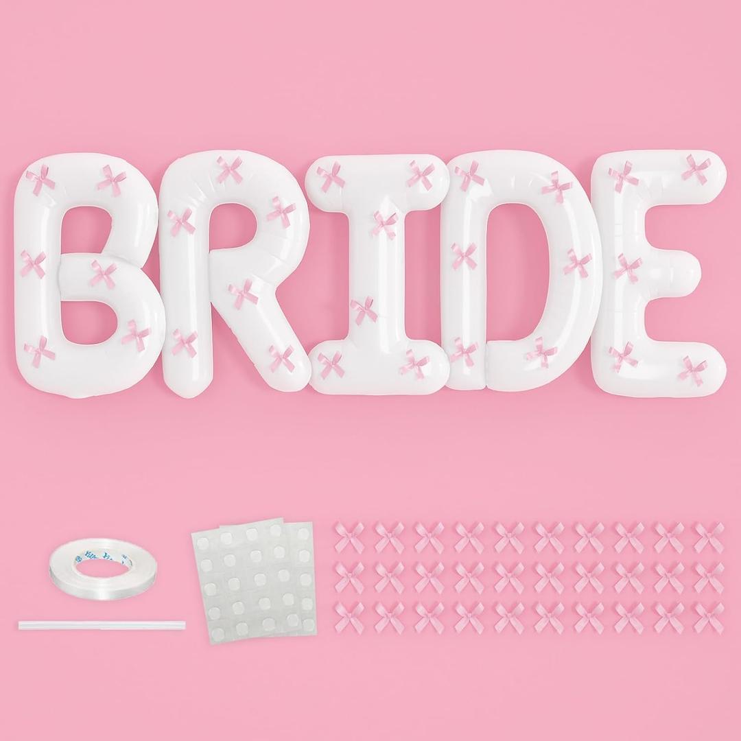 40 inch BRIDE Balloons Bachelorette, White Bride Balloons with Pink Bow for Bachelorette Party Decorations, Giant Wedding Foil Balloon Letter Banner for Wedding Engagement Bride To Be Party