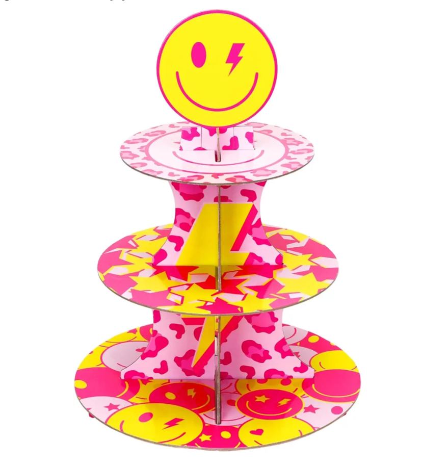 UPINS 3 Tier Preppy Cupcake Stand Yellow Pink Smile Face Party Decorations Stand Cardboard Cupcake Holder Tower for Preppy Theme Birthday Bachelorette Party Favors Supplies Pack of 3