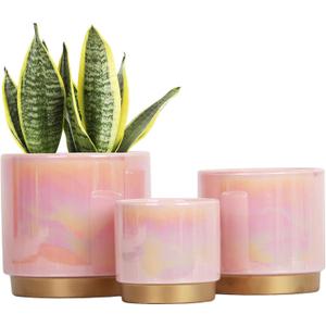 Gepege Indoor Pots for Plants, Ceramic Planter with Drainage Hole, 9.6inch+7.6Inch+6Inch. Succulent Orchid Flower Pot - Rainbow Pearl Glaze (10+8+6inchs, Pink)