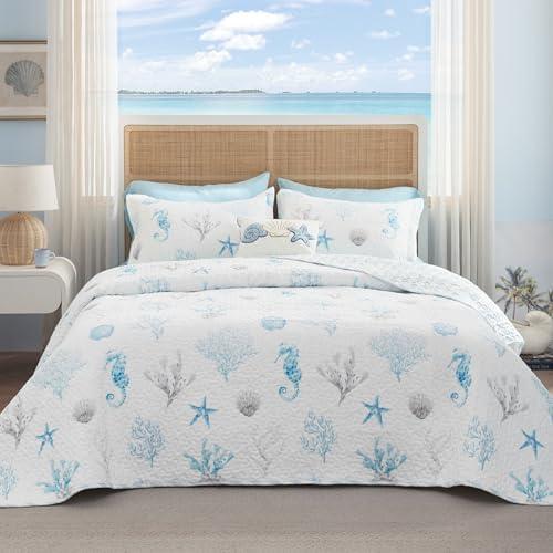 Bedsure Coastal Quilt Set Queen - Reversible Summer Beach Quilt Bedding Set, 3 Pieces Microfiber Lightweight Bedspread, Blue & White Coverlet with 2 Pillow Shams for All Seasons (90"x96")