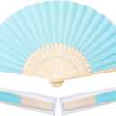 Sepwedd 50pcs Blue Imitated Silk Fabric Bamboo Folded Hand Fan Bridal Dancing Props Church Wedding party favors with Organza Bags (1 Count (Pack of 50))
