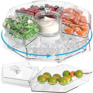 Rotating Chilled Serving Tray - 12.5" Ice Chilled Party Platter with 5 Removable Compartment and Lid, Clear Shrimp Cocktail Serving Dish with Ice Tray, Fruit Trays for Serving for Party Rotating Chilled Serving Tray - 12.5" Ice Chilled Party Platter with 5 Removable Compartment and Lid, Clear Shrimp Cocktail Serving Dish with Ice Tray, Fruit Trays for Serving for Party