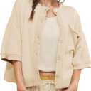 QIBABU Womens Button Down Cardigan Casual Open Front 3/4 Sleeve Crewneck Sweatshirt Tops (Large, Beige)