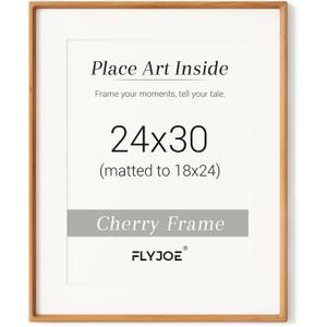 24 x 30 Poster Frame, USA-Sourced Natural Cherry Wood Picture Frame with Tempered Glass, Handcrafted Rounded Corner 24x30 Wooden Frame Matted to 18x24 Photos, Horizontal or Vertical Wall Mounting