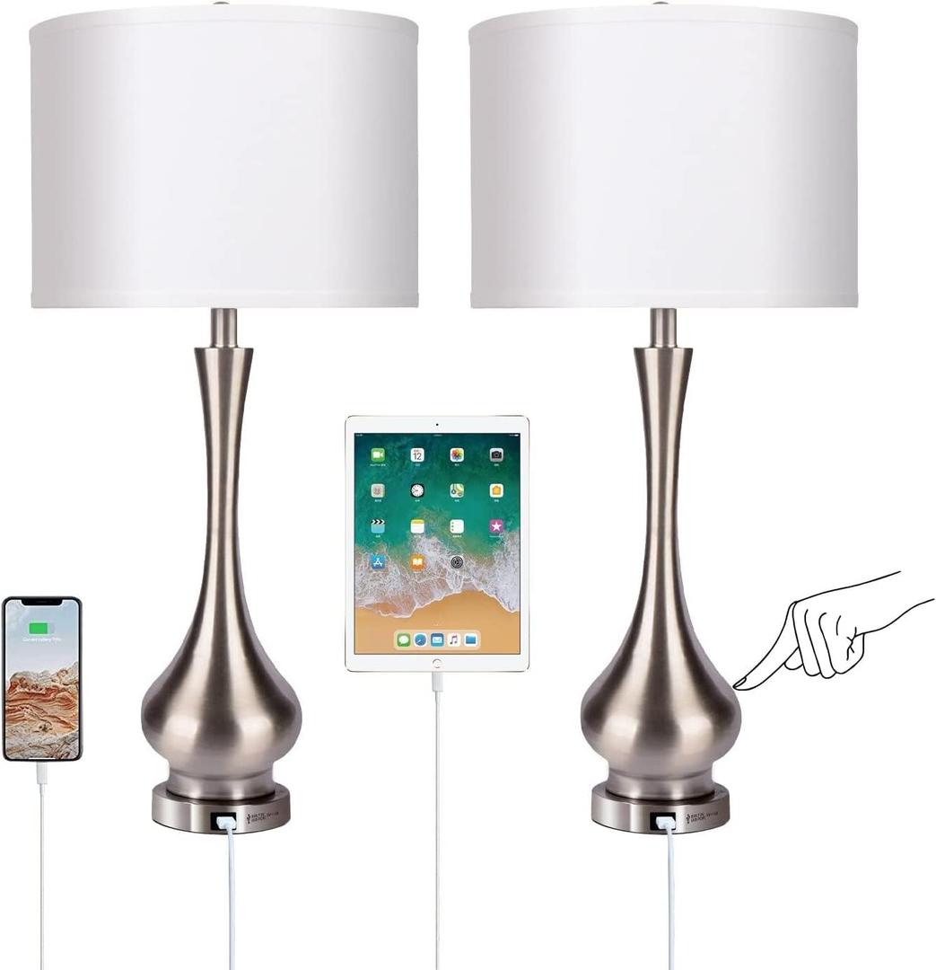 30" Large Modern Table Lamps Set of 2 for Living Room Bedroom with USB Charging Port, 3-Way Dimmable Brushed Steel Nightstand Lamp Sets Bedside Touch Desk Lamp with White Fabric Shade (Bulb Included)