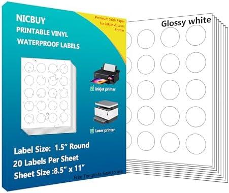 Nicbuy 500 Printable Glossy White 1.5 inch Round Labels, Waterproof Vinyl Sticker Labels for Inkjet or Laser Printer