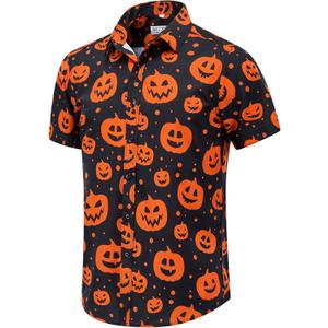 Halloween Shirts for Men Pumpkins Skeleton Shirt Short Sleeve Button Down Dress Shirts (Medium, Black)