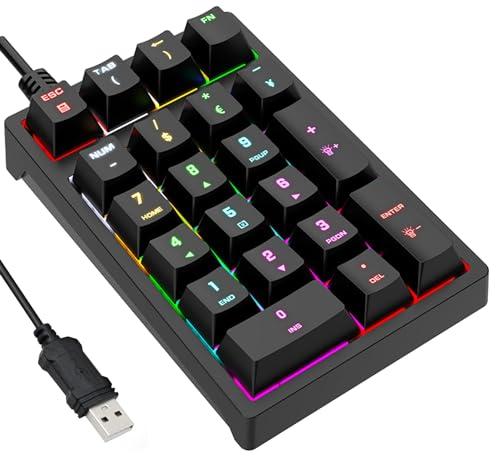 JPHTEK Number Pad, Mechanical USB Wired Numeric Keypad with RGB LED Backlit 21 Key Numpad, Mechanical Numeric Keypad for Laptop Desktop Computer PC Blue Switch