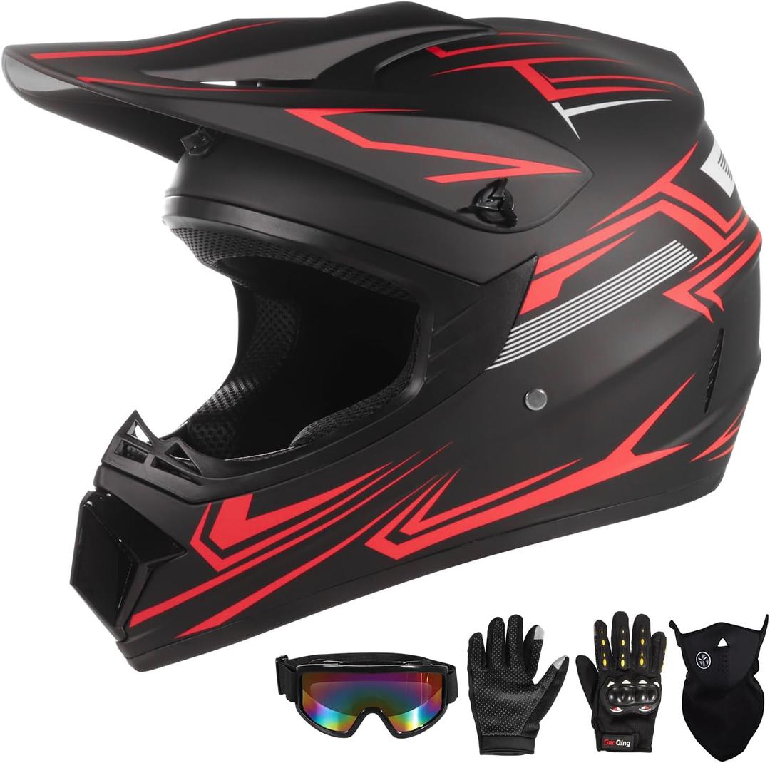Youth Motocross Kids Dirt Bike Helmets ATV Bump Safty Full Face Motorcycle Helmet Off-Road Mountain Bike Helmet with Goggles Gloves Mask DOT Approved (Red, Medium)