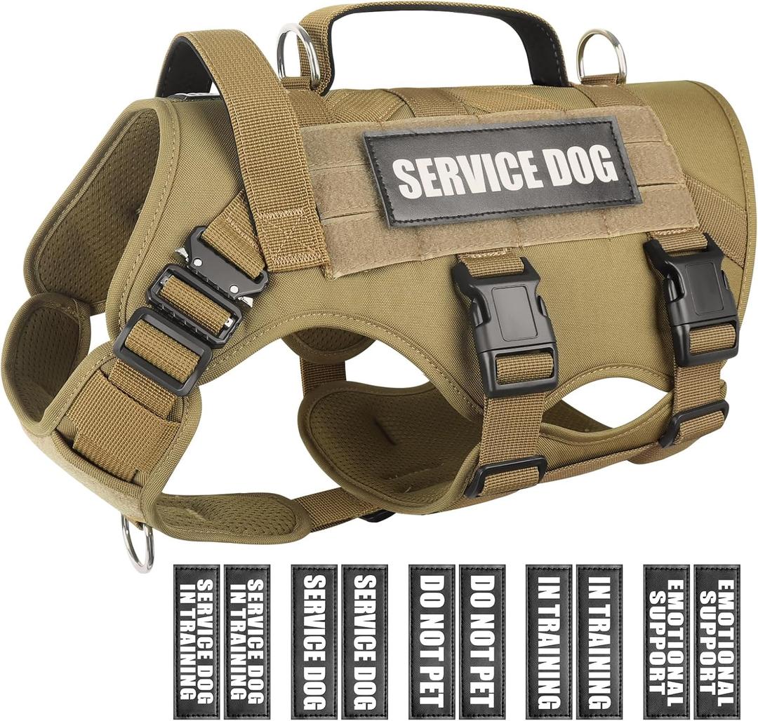 WINSEE Service Dog Vest Harness for Large Dog, Tactical Working MOLLE Vest with 4 Pet Patches, No Pull Heavy Duty Harness for Training Walking (Brown)