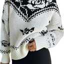 ZAFUL Floral Sweaters for Women Trendy Crew Neck Long Sleeves Knitted Pullover Boho Sweater Chunky Knit Tops (White, M)