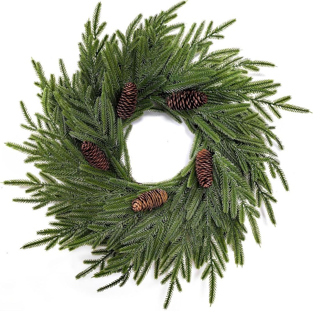 Norfolk Pine Christmas Wreath, 20 Inch Artificial Green Wreath for Front Door, Window, Wall - Realistic Holiday Winter Decoration (Green Pine)