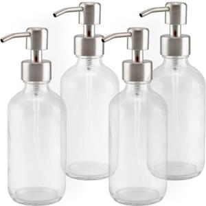 Cornucopia Brands 8-Ounce Clear Glass Boston Round Bottles w/Stainless Steel Lotion Pumps (4-Pack); Empty Refillable Liquid Soap & Lotion Bottles