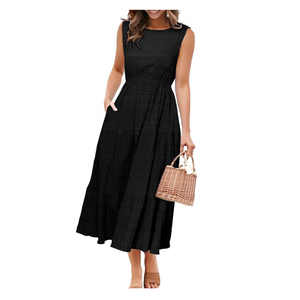 Simplee Women's Summer Casual Sleeveless Crewneck Sundress - A Line Flowy Tiered Midi Dress Long Beach Dresses with Pockets,  Medium, Black 