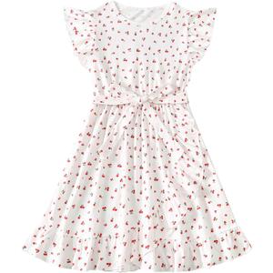 Ecolala Girls Summer Dress Cute Bow Cherry Graphic Flutter Sleeve Ruffle Hem Fancy Dress with Waist Tie White 11-12 Years