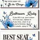 DONFENTHY 3-Piece Blue Bathroom Decor: Bathroom Rules Wall Art - Blue Flower Signs - 'Best Seat in The House' Rustic Farmhouse Wooden Sign (10x5 Inch)