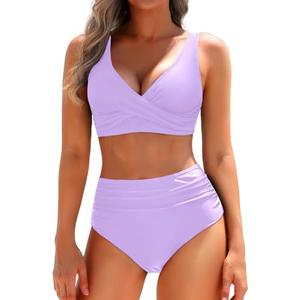 Yonique Women's Two Piece High Waisted Bikini Set Tummy Control Swimsuit Full Coverage Bathing Suit Light Purple Medium