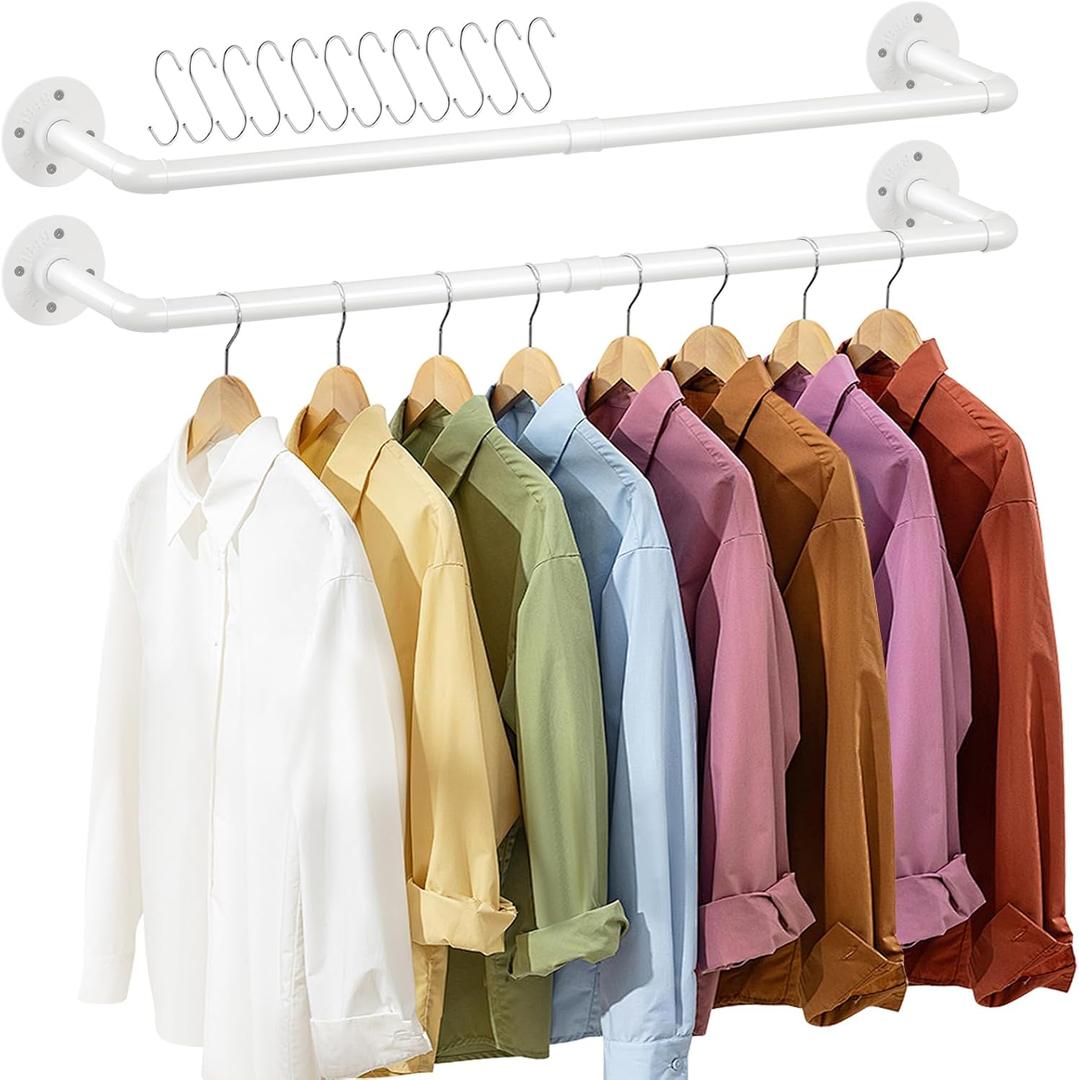 ERYTLLY Industrial Pipe Wall Mounted Clothes Rack,38 Inches Heavy Duty Detachable Garment Rack,Multi-purpose Hanging Rod for Closet,Set of 2,White