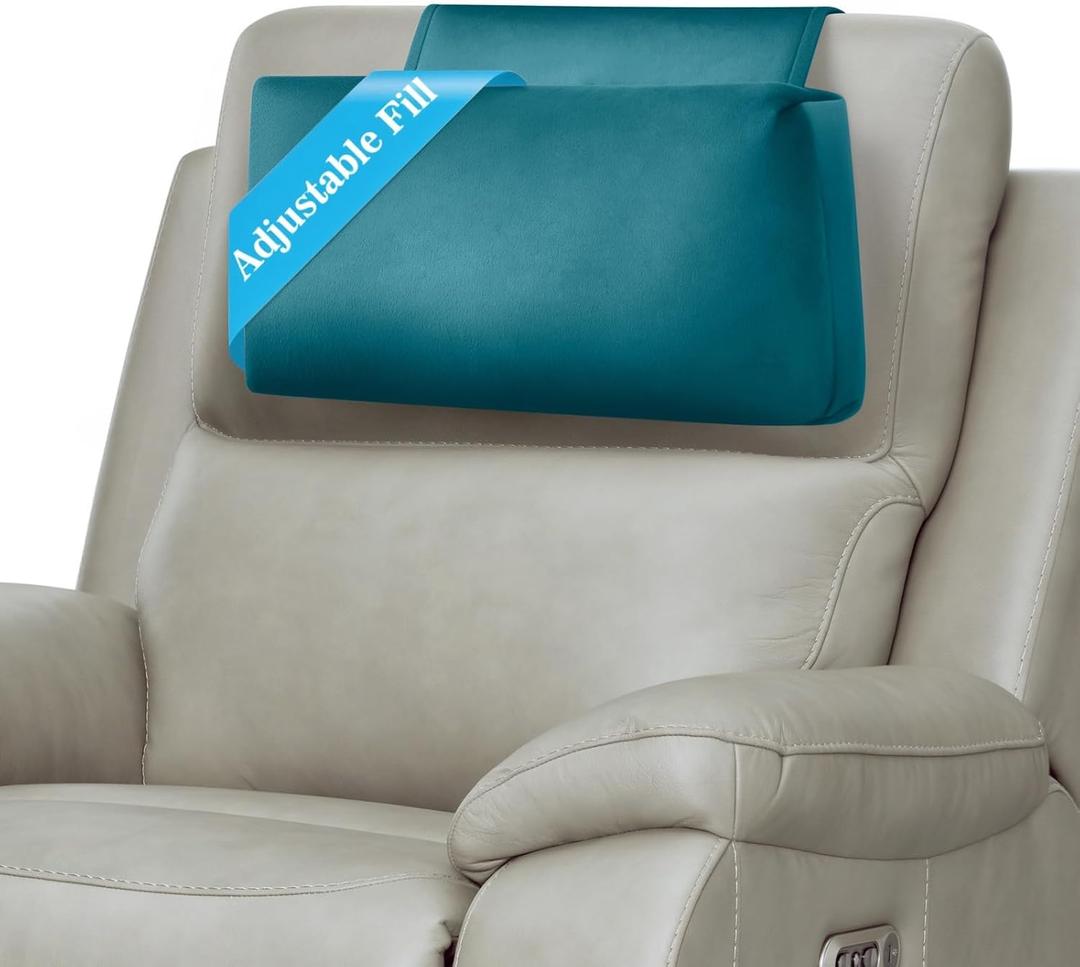 Recliner Headrest Pillow, Adjustable Neck & Head Support Pillow, Soft Velvet Non-Slip Headrest for Recliner, Couch, Chair, Sofa (Teal)
