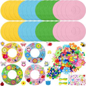 Wavwavw 472 Pcs Spring DIY Craft Kits Spring Wreath Summer Craft Kit Wreath Arts Decorations with Tulips Butterflies Bees Felt Stickers for Party Indoor Outdoor Home Decor (Colorful)