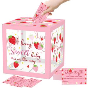 51Pcs Strawberry Diaper Raffle Tickets with Box for Baby Shower Games, A Berry Sweet Baby Is On The Way Diaper Raffle Card Box for Gender Reveal Raffle Party Decoration Clear Card Boxes