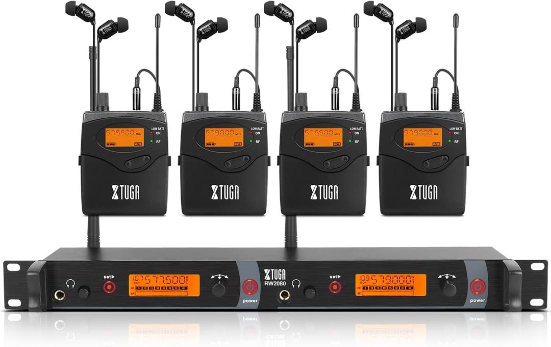 XTUGA RW2080 Wireless in Ear Monitor System, Mono Wireless IEM System with 4 Receivers, UHF 2 * 40 Frequencies, 300Ft Stable Transmission for Musicians, Band, Studio & Stage Monitoring (572-599Mhz)