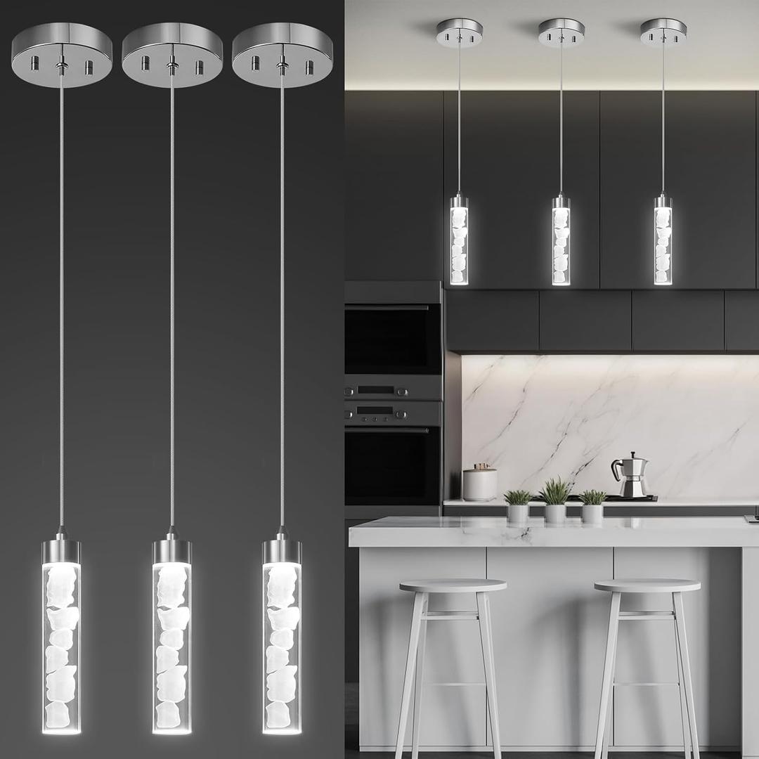 Pendant Lights Kitchen Island 3 Pack,3CCT Modern Crystal Stone Pendant Light Fixtures,Dimmable LED Kitchen Island Lighting,Adjustable Chrome Hanging Light Fixture for Dining Room Hallway, ETL Listed