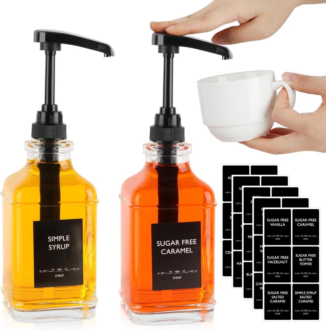 STARSIDE 16 oz Coffee Syrup Dispenser,2 pcs Clear Glass Syrup Bottle with 1/4oz Capacity Pump,Syrup Dispenser for Coffee Bar with Plastic Pump and Syrup Labels