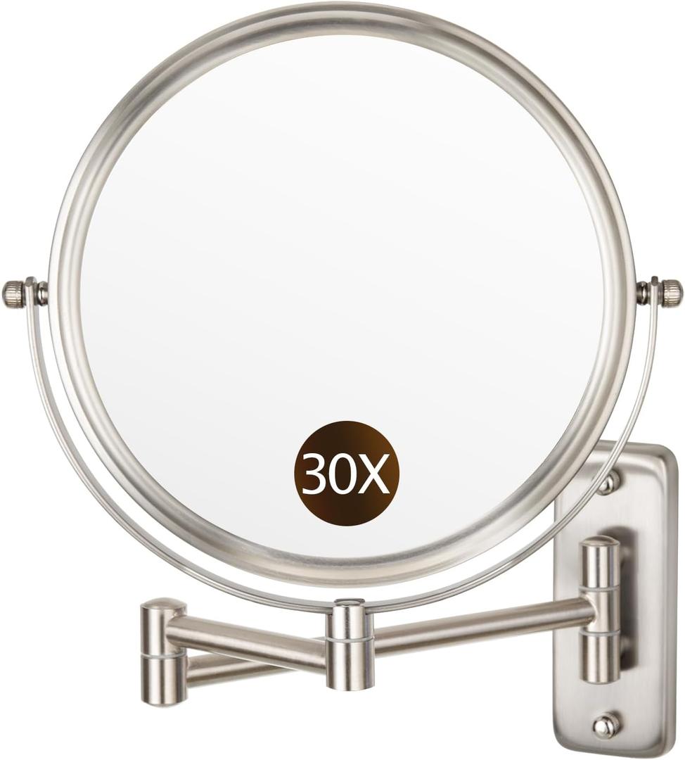 ALHAKIN 1X/30X Wall Mounted Makeup Mirror, 8 Inch Double Sided Magnifying Mirror for Wall, Bathroom Makeup Mirror with 360 Rotation Extendable Swivel Arm, Nickel