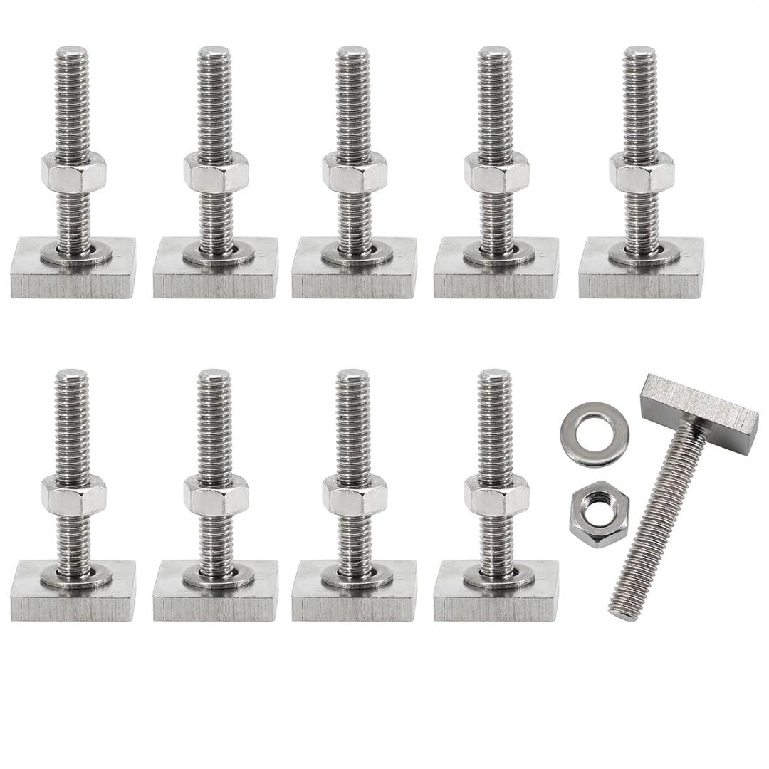 10 Set Roof Rack Bolts, M8x35mm Stainless Steel T Slot Bolts Track Bolts with Nut Washer Square Sliding Blocks for Roof Rack Cross Bars, Kayak, Ski, Bike, Awning, Solar Panel