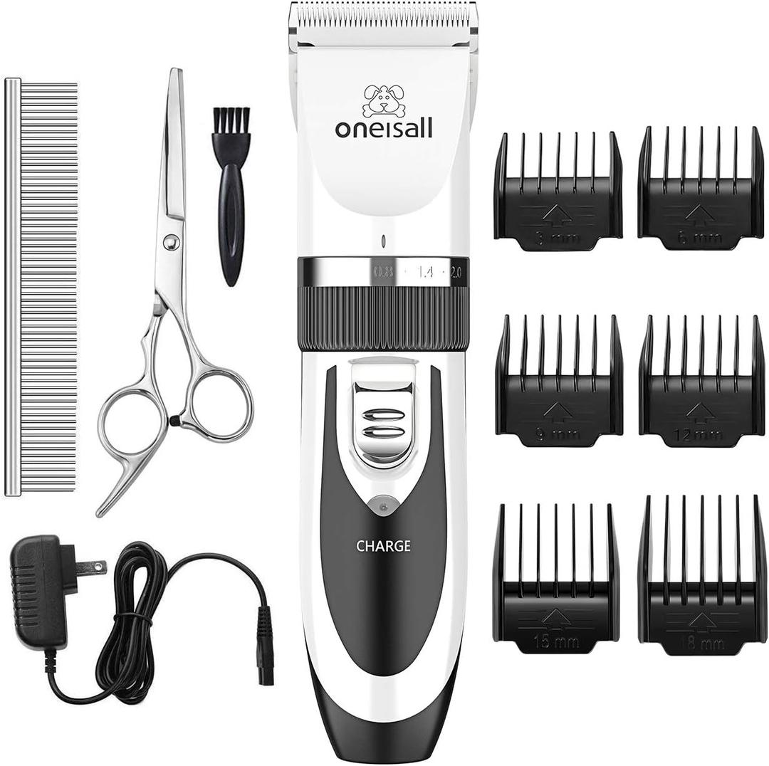 oneisall Dog Shaver Clippers Low Noise Rechargeable Cordless Electric Quiet Hair Clippers Set for Dogs Cats Pets (White)