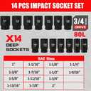 TONYNOL 3/4" Drive Deep Impact Socket Set,14 PCS,SAE (1"-2"),6-Point