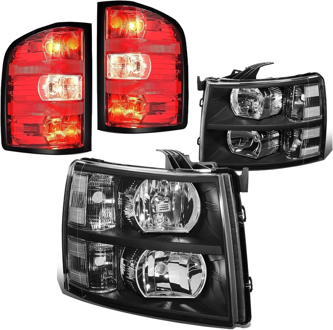 Black Clear Headlight Tail Light Assembly For 07-13 Silverado 1500, 07-14 2500 3500HD Replacement Head light Red Rear Brake Lamp for 2007 2008 2009 2010 2011 2012 2013 2014