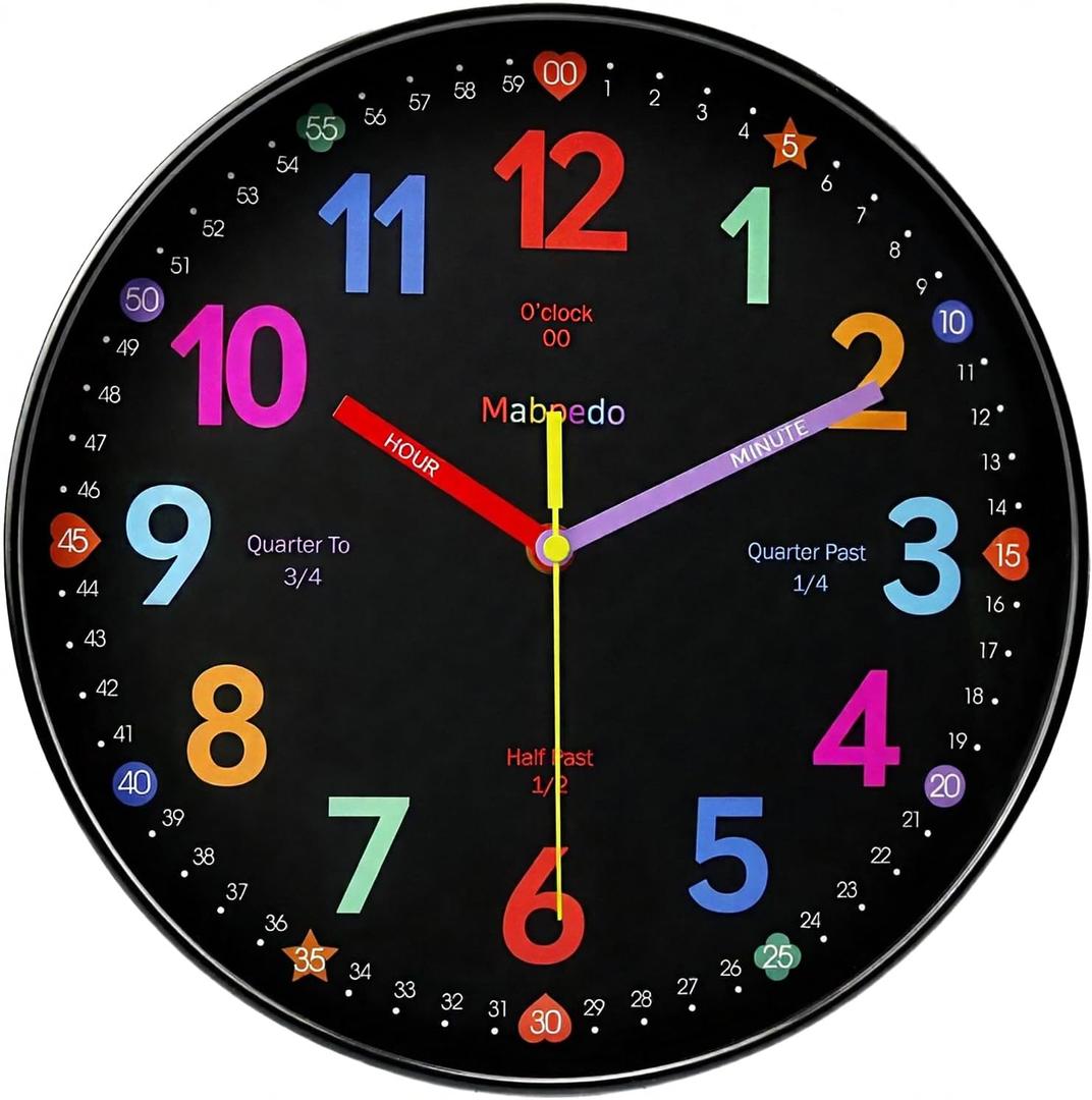 Learning Wall Clock, 12 Inch Classroom Clock, Battery Operated Silent Analog Wall Clocks for Bedroom Classroom Decor, Homeschool Supplies Telling Time Teaching Clocks for Kids, Black