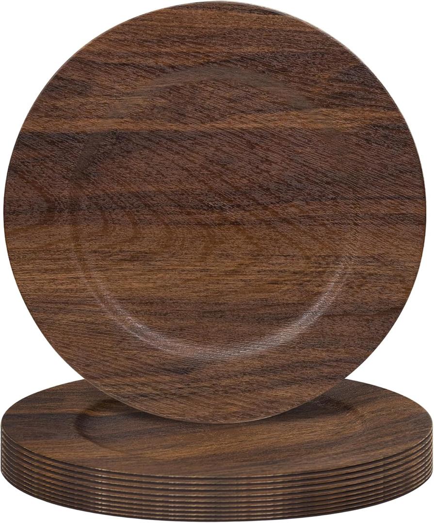 JEVERGN 10 Pack Farmhouse Charger Plates, 13'' Faux Wood Chargers for Dinner Plates, Brown Plate Chargers Set of 10, Round Plastic Charger for Wedding, Party Event, Dinner, Table Setting