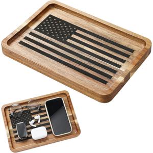American Flag Valet Tray for Men Wood Catch All Dump Tray EDC Organizer Every Day Carry Bedside Nightstand Table Entryway Holder for Keys Wallet Watches Phones Jewelry 11 x 7.75 x 1 Inch