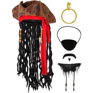 Cosrea Pirate Hat for Men Pirate Costume with Eye Patch Earring Mustache Accessories