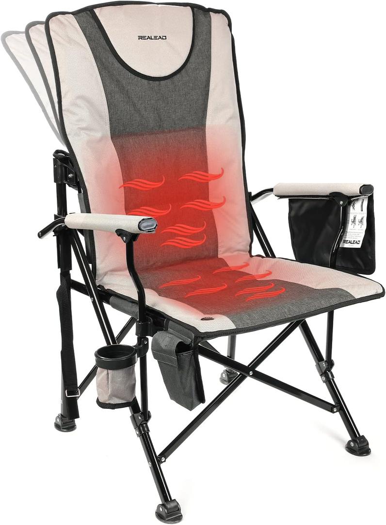 REALEAD Heated Camping Chair - Fully Padded Camp Chairs for Outdoor Sports - Adjustable Heavy Duty Folding Chairs Supports 400 lbs (Grey)