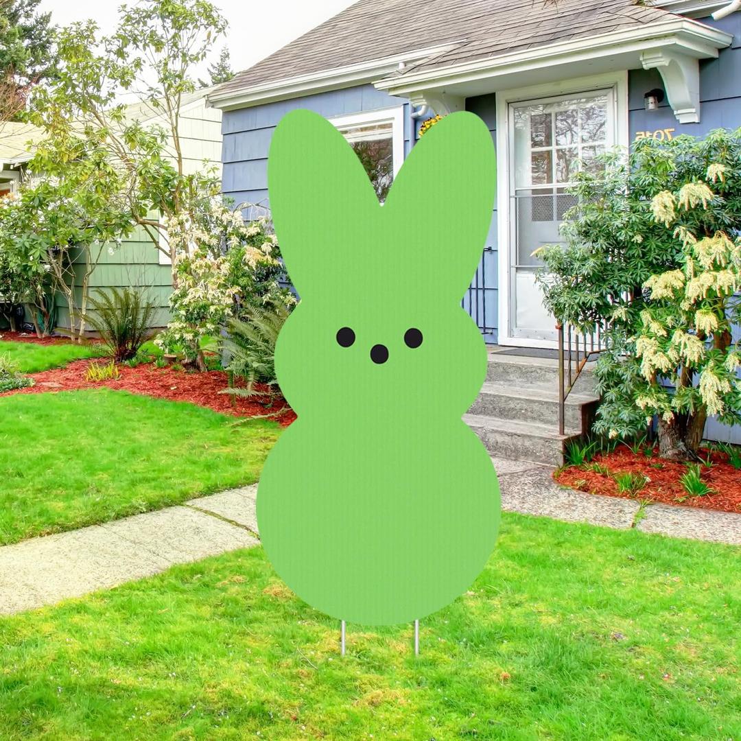 Easter Bunny Yard Sign Decoration with Stakes, Large Welcome Bunny Decoration Outdoor for Spring Happy Easter Garden Lawn Supplies (Green)