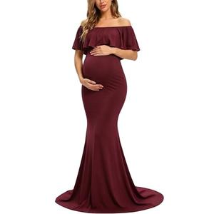 Glampunch Womens Off Shoulder Maternity Dress Ruffles Elegant Slim Gowns Fit Maxi Photography Dress Burgundy. XL