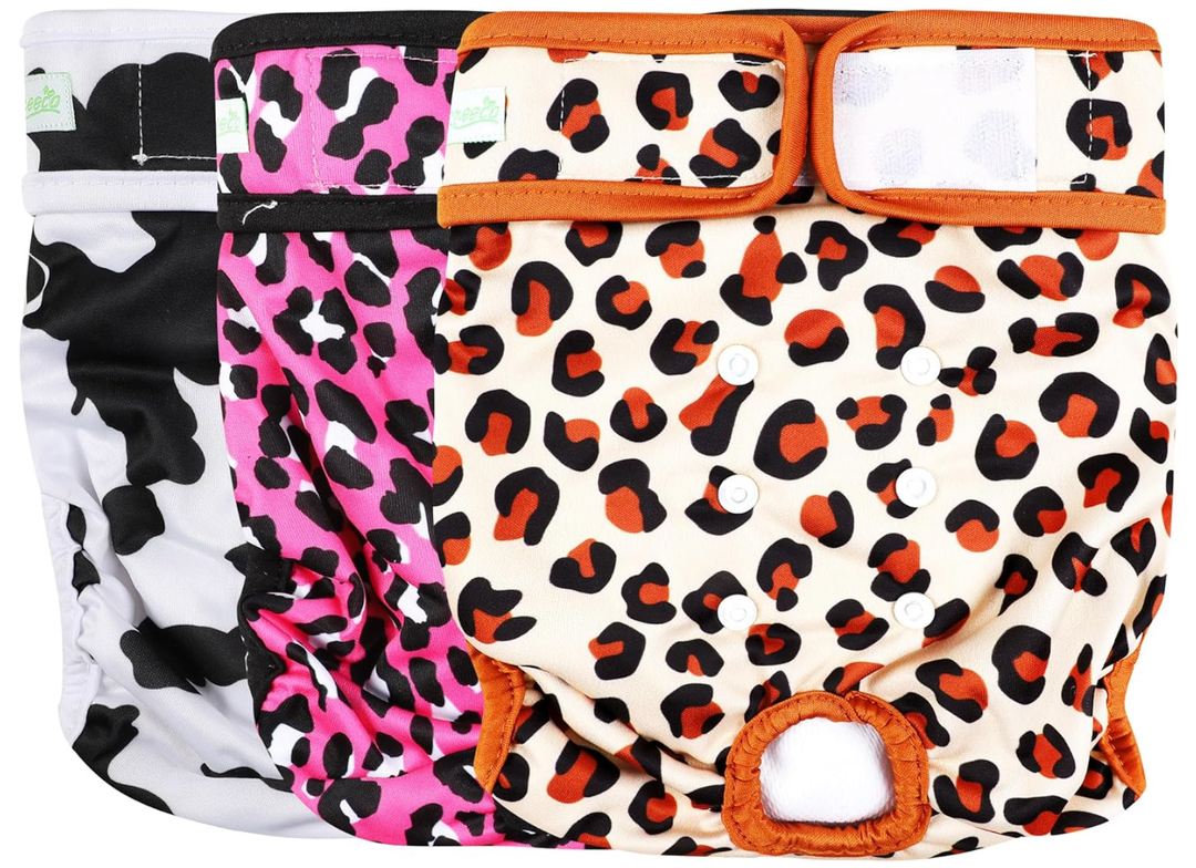 wegreeco Luxury Washable Reusable Dog Diapers (Stylish Pattern) - Female Dog Diapers, Doggie Diapers, 3 Pack (Cheetah Print, Small)