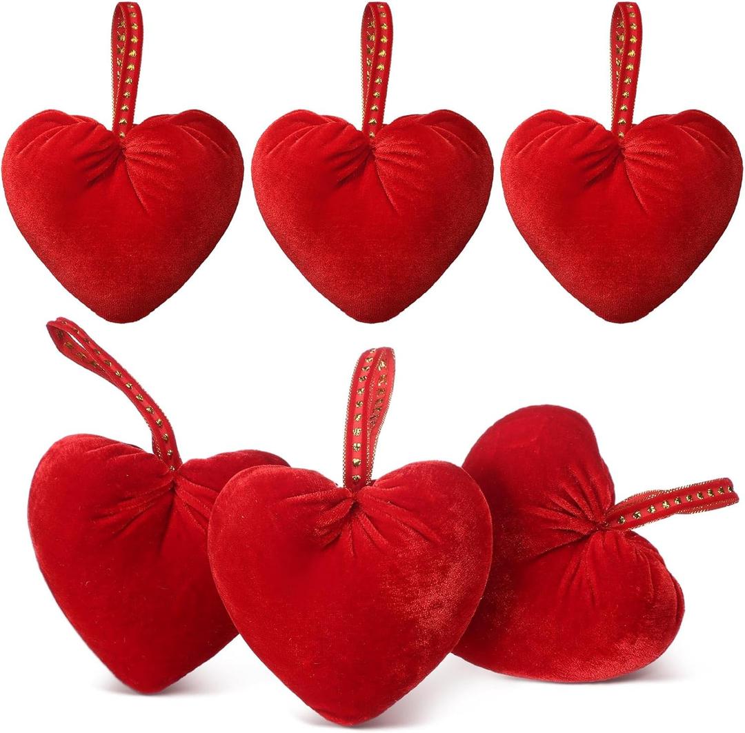 Wenqik 6 Pcs Valentines Hanging Heart Ornaments Handmade Velvet Hearts Gifts 4.3 Inches Hearts Hanging Valentine Tree Ornaments for Bride Shower Wedding Anniversary Decorations(Red)