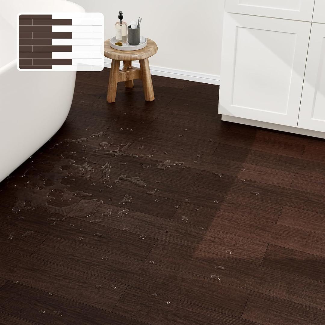 Peel and Stick Vinyl Floor Tiles Upgraded 0.07-Inch 36" x 6", 54 Sq. Ft. 36-Pack, Wood Look Waterproof Self-Adhesive Flooring Planks, DIY Flooring for Kitchen, Bathroom, Living Room, RV, Dark Brown
