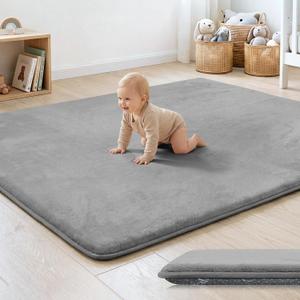 1.3" Thick Baby Floor Play Mat 50x50, Basic Padded Foam Mat for Tummy Time Crawling, Non Slip Cushioned for Babies Toddlers Infants Kids (Light Grey)