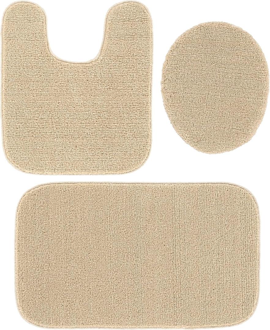 Garland Rug Gramercy Washable Bath Rug Soft, Plush, Absorbent, Quick-Dry, Durable, 3 Piece Rug Set (Toilet Lid Cover, Contour Rug, 20" X34' Bath Rugs), Champagne