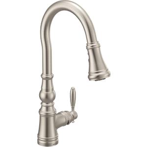 Moen Weymouth Spot Resist Stainless Shepherd's Hook Pulldown Kitchen Faucet Featuring Metal Wand with Power Boost, S73004SRS