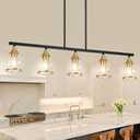 Island Light for Kitchen, 5-Light Black Kitchen Island Linear Hanging Pendant Chandeliers, Black and Gold Dining Room Light Fixture Over Table with Clear Round Glass Shades