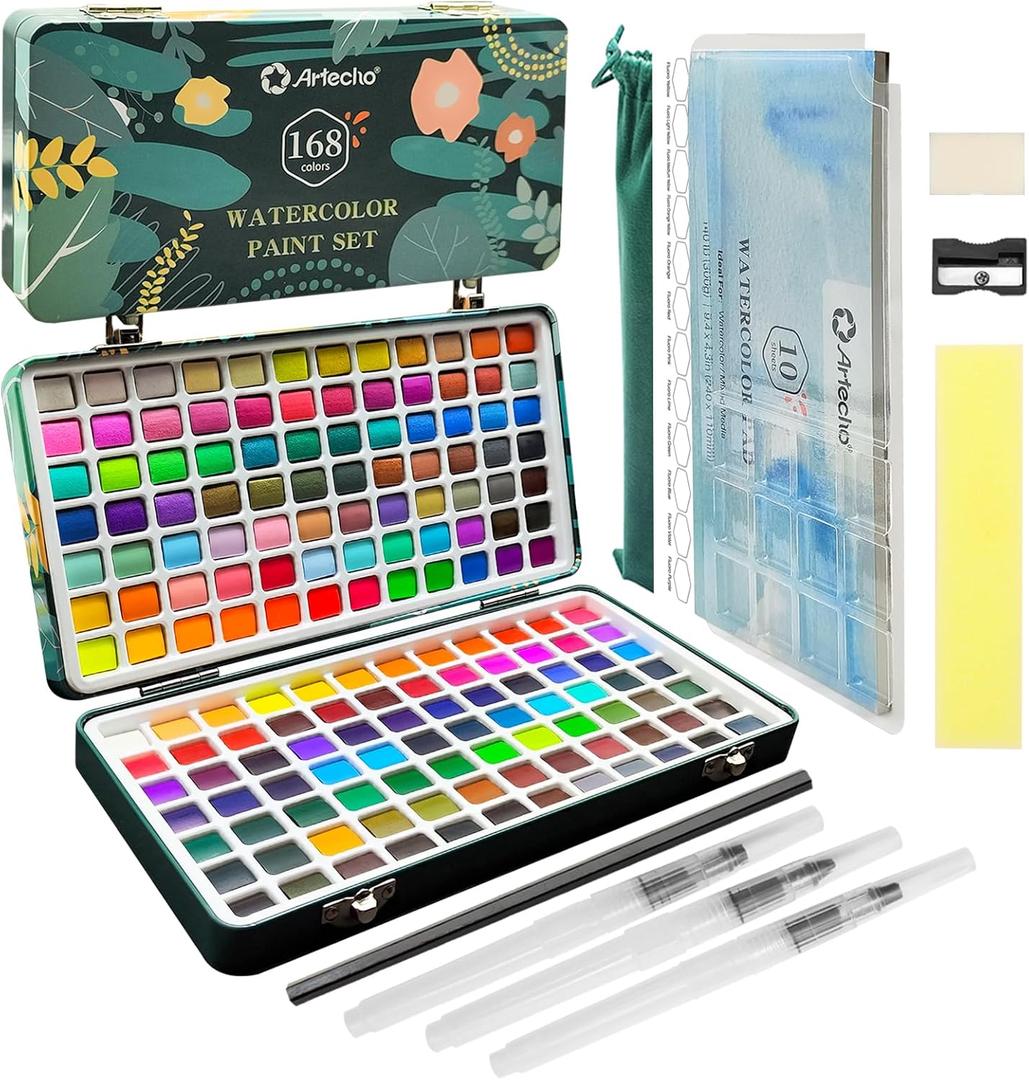 Artecho Watercolor Paint Set 168 Colors, Painting Kit with Watercolor Pad, Brushes and Pencil, Ideal Water Color Kit for Beginners & Professionals
